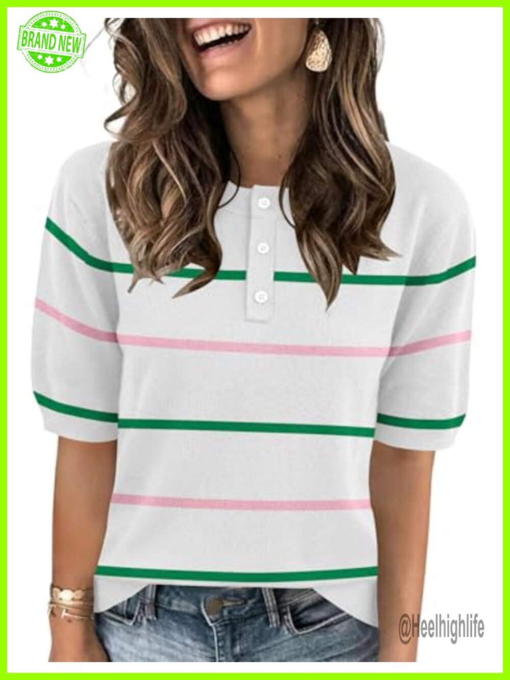 Women's Crew Neck Pullover Sweater Button Down Knit Top Short Sleeve